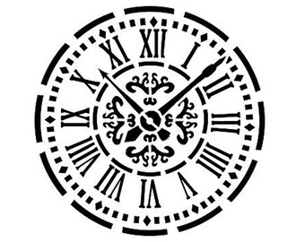 May include: Black and white stencil of a clock face with Roman numerals and ornate details. The clock face has two hands, one pointing to the 3 and the other pointing to the 12.