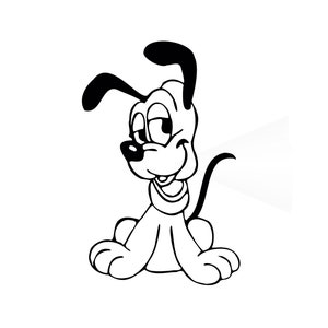 Peut inclure: Illustration de dessin animé en noir et blanc d'un chien avec une expression endormie. Le chien est assis avec sa queue enroulée autour de son corps.