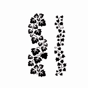 May include: Two black silhouette designs of ivy vines with leaves. The vines are arranged in a vertical pattern, with one vine on the left and one on the right.