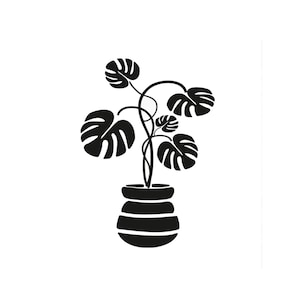 Op de afbeelding: Zwart-witte silhouet van een plant in een pot met grote, bladerrijke bladeren. De plant staat in een gestreepte pot.