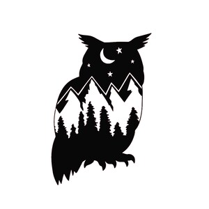 May include: Black and white silhouette of an owl with a crescent moon and stars inside its head. The owl's body is filled with a mountain range and pine trees.