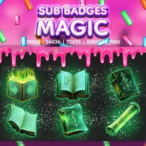 Puede incluir: Un conjunto de cinco insignias de libro y rollo mágicos verdes brillantes sobre un fondo rosa y blanco. El texto "SUB BADGES MAGIC" está en la parte superior de la imagen. El texto "18X18 36X36 | 72X72 | 500X500 PNG" está debajo del texto "SUB BADGES MAGIC".