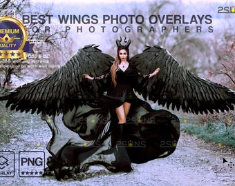 Black digital angel wings overlays, Photoshop overlays, Halloween overlay, Feather angel wings png, Fairy Halloween wings photo overlays