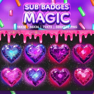 8 magische subbadges edelsteenharten, kristallen twitch-badges, magisch kristal subbadge, badges voor streamer discord, gekleurde magische kristallen juwelen, badge png