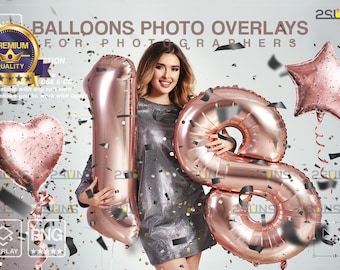 Superposiciones de Photoshop de globos de lámina de oro rosa, superposiciones de fotos de fiesta, imágenes prediseñadas de globos con letras, superposición de globos PNG, imágenes prediseñadas de globos de cumpleaños