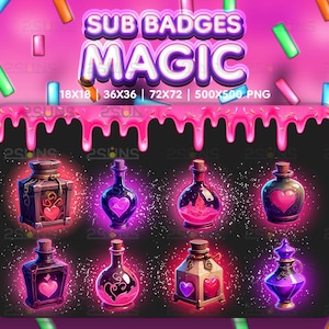 8 Magic sub badges Potion, Goth Twitch badges, Halloween sub badge, Badges For Streamer Discord, Colored Magic Potion pack png, Love potion