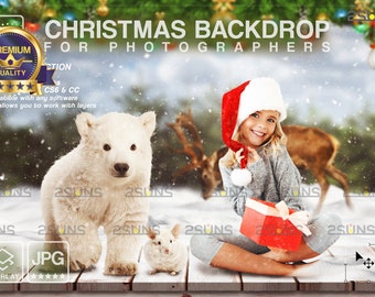 Christmas digital backdrop, Christmas overlay, White bear photoshop overlays digital backdrop, Winter bear in the snow, Christmas Backdrop