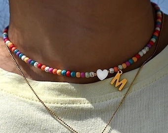 Gargantilla con inicial de cuentas de colores para niñas, gargantilla con letras para mujeres, collar personalizado, collar de cuentas, gargantilla bohemia delicada para combinar.