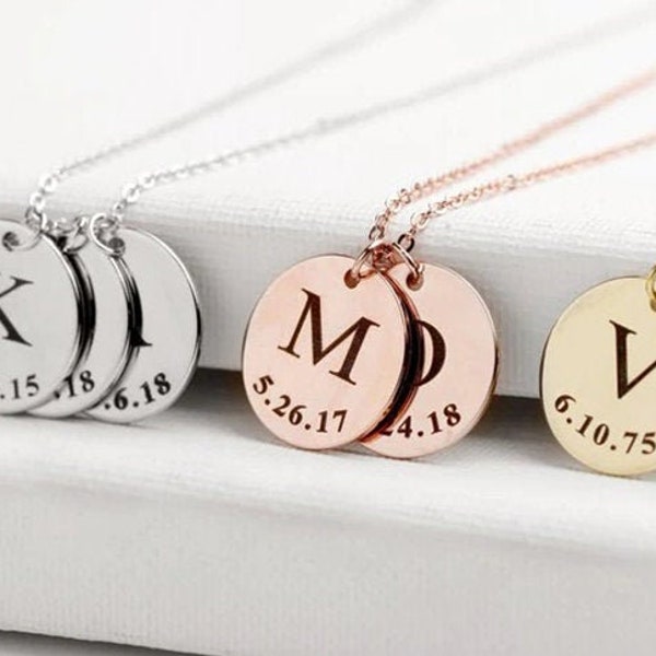 Personalized Initial and Date Necklace, Initial Birthdate, Disc Necklace, Personalized Necklace, Personalized Jewelry, Birthday Gift for her