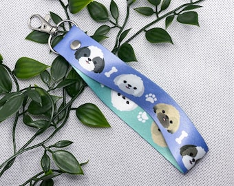 Shih Tzu Bichon Lhasa Apso Wrist Key Strap, Lanyard, Key Fob, Pass Holder | Two color Cute Gift Dog Lovers and Dog Parents | deadlybearhug