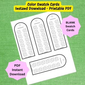May include: A white printable PDF featuring four blank colour swatch cards. The cards are rectangular with a rounded top and have small flower-like shapes. Text includes "Color Swatch Cards" and "PDF Instant Download."