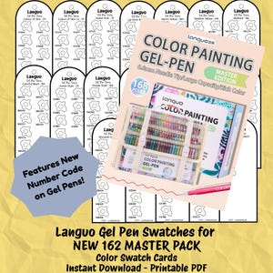 May include: A collection of Langou gel pens with 168 pieces, featuring a 0.6mm needle tip. The image includes colour swatches and the text "Features New Number Code on Gel Pens!" and "NEW 162 MASTER PACK Color Swatch Cards".