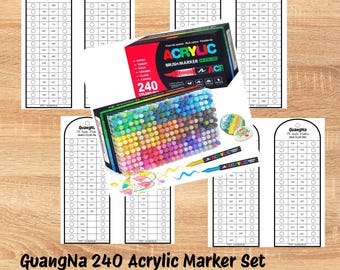 Plantilla de muestra de 240 marcadores acrílicos de pincel GuangNa, tabla imprimible en PDF, paleta de colores organizada para armar, plantilla de tarjeta para colorear