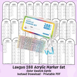 Pode incluir: Um conjunto de marcadores acrílicos Langou 288 com 288 marcadores de ponta macia, cartões de amostra de cores e download em PDF imprimível. A imagem mostra um conjunto de marcadores com uma variedade de cores, juntamente com cartões de amostra de cores.
