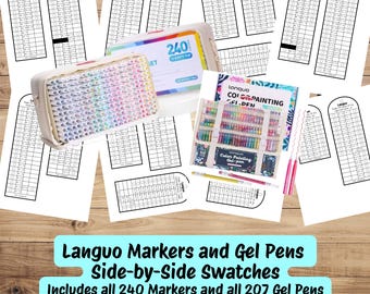 May include: A collection of Languo markers and gel pens with side-by-side swatches. The image includes a pencil case filled with colorful pens, a 240-piece marker set, and a gel pen set. Text on the image reads: "Languo Markers and Gel Pens Side-by-Side Swatches Includes all 240 Markers and all 207 Gel Pens Instan Download - Printable PDF."