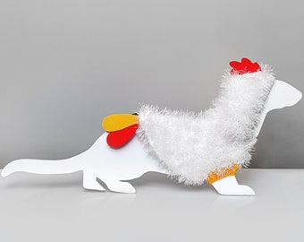 Rooster costume knitted for a ferret with a hood