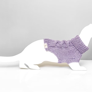 May include: A purple knitted sweater for a small pet, such as a ferret or a small dog. The sweater has a turtleneck and a ribbed texture.