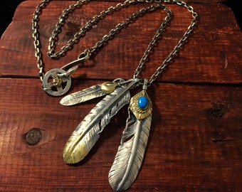 Turquoise Feather Necklace 925 Sterling Silver Leather Necklace Boho Charm Native American Tribe Necklace Mens Jewelry Gift for Boyfriend