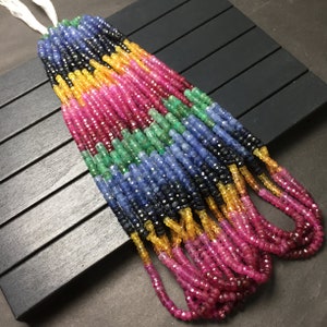 Multi Sapphire Beads Necklace Natural Faceted Rondelle Bead 3-4mm 7Chakra Stone Bead Necklace for DIY Jewelry Making & Design Gift for Women