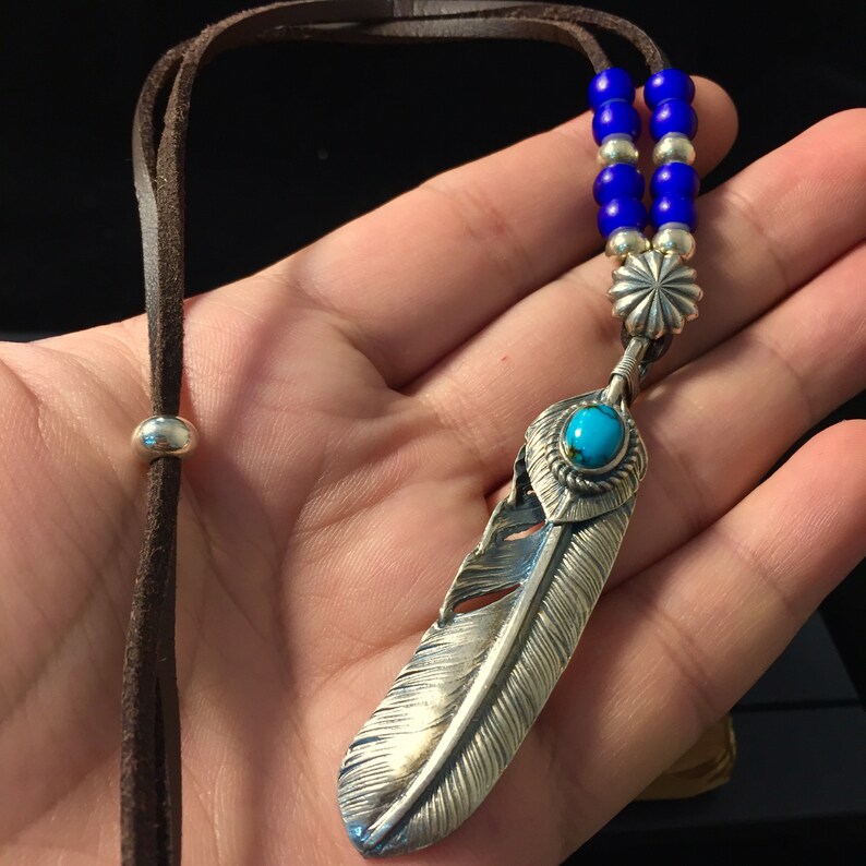 Turquoise Feather Necklace 925 Sterling Silver Leather Necklace Boho Charm Native American Tribe Necklace Mens Jewelry Gift for Boyfriend