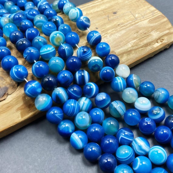 thumbnail image 2 of Faceted Blue Stripe Agate Gemstone Round Loose Beads Strand - 6/8/10/12mm Sizes, 15" (Center-Drilled, Nickel-Free) 2 of 6