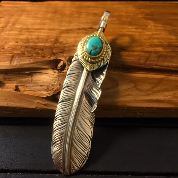 Turquoise Retro Feather Pendant 925 Sterling Silver Necklace Takahashi Goro Native American Tribe Pendant for DIY Design Making Gift for Men