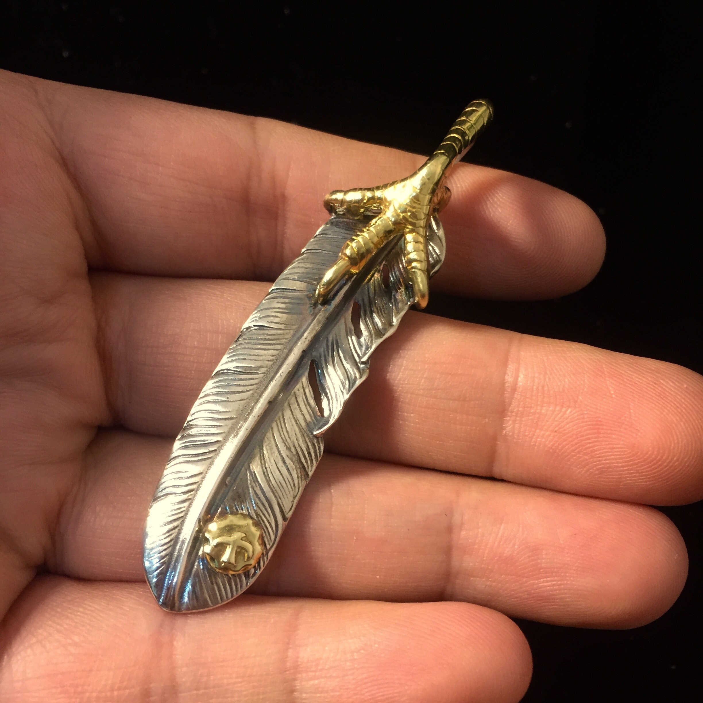 Retro Feather Pendant Brass Eagle Claw 925 Sterling Silver