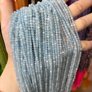 Natural Blue Aquamarine Beads Natural 2mm 3mm 4mm Smooth Round Loose Gemstone Spacer Bead Healing Energy Beads for DIY Jewelry Making 15.5&quot;