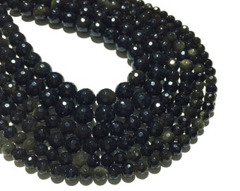 Natural Faceted Black Obsidian Beads 4mm 6mm 8mm 10mm Round Loose Gemstone Spacer Beads for DIY Jewelry Making & Design 15.5" Full Strand