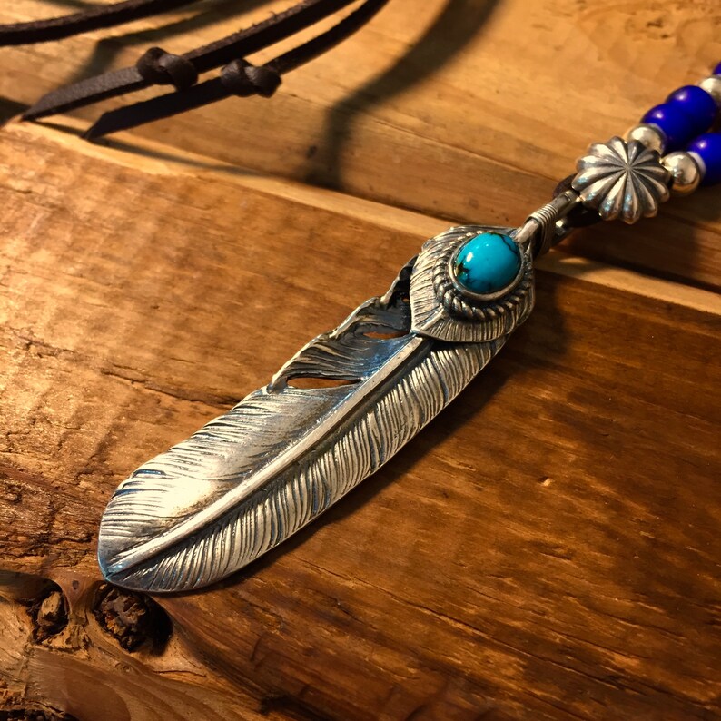Turquoise Feather Necklace 925 Sterling Silver Leather Necklace Boho Charm Native American Tribe Necklace Mens Jewelry Gift for Boyfriend