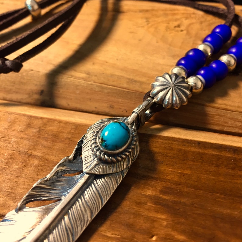 Turquoise Feather Necklace 925 Sterling Silver Leather Necklace Boho Charm Native American Tribe Necklace Mens Jewelry Gift for Boyfriend