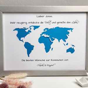 Konfirmationsgeschenk Weltkarte personalisiertes Geldgeschenk zur Konfirmation, Kommunion, Jugendweihe, Lebenswende etc. Premium - silber