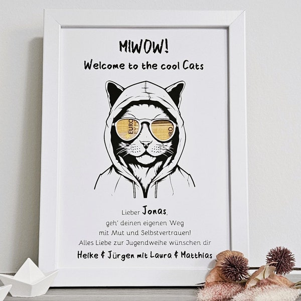 Jugendweihegeschenk "Cool Cats" - personalisiertes Geldgeschenk zur Jugendweihe, Konfirmation, Kommunion, Lebenswende etc.