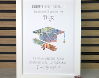 May include: A white framed print featuring the text Christoph - Du hast es geschafft! Herzlichen Glückwunsch zum Master, Wir sind unglaublich stolz auf dich und wünschen dir alles Gute für die Zukunft, Mama & Papa mit Hannah, with a graduation cap and diploma cutout filled with Euro banknotes.