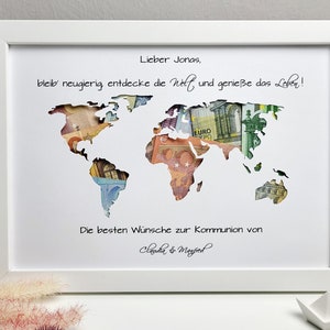 personalisiertes Geldgeschenk zur Konfirmation, Kommunion, Jugendweihe, Lebenswende, Firmung oder Taufe Motiv Weltkarte Bild 1