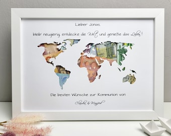 Konfirmationsgeschenk "Weltkarte" - personalisiertes Geldgeschenk zur Konfirmation, Kommunion, Jugendweihe, Lebenswende etc. (GKJ010)