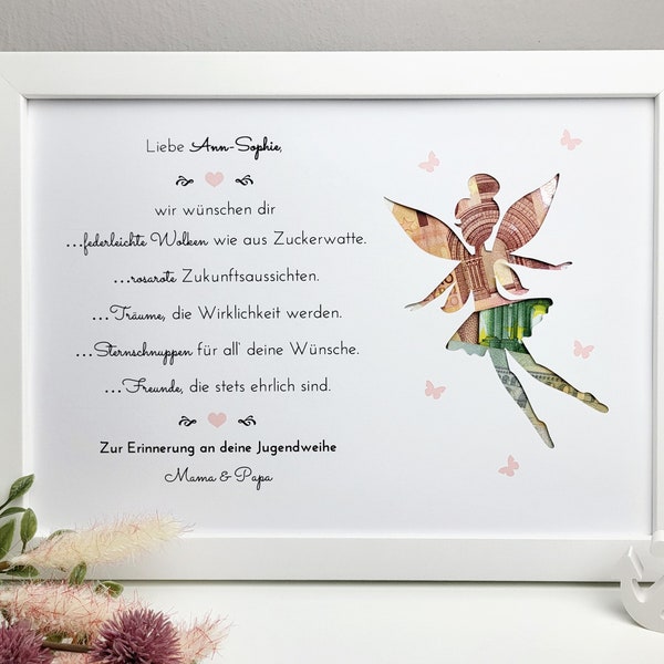 Jugendweihegeschenk "Fee" - personalisiertes Geldgeschenk zur Jugendweihe, Konfirmation, Kommunion, Lebenswende, Taufe, etc.