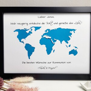 Konfirmationsgeschenk Weltkarte personalisiertes Geldgeschenk zur Konfirmation, Kommunion, Jugendweihe, Lebenswende etc. Rahmen - schwarz