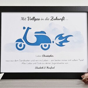 Jugendweihegeschenk Roller personalisiertes Geldgeschenk zur Jugendweihe, Lebenswende, Konfirmation, Kommunion, Taufe etc. Rahmen - schwarz