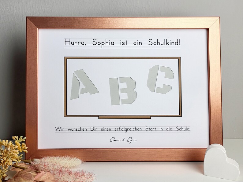 personalisiertes Geldgeschenk zur Einschulung Motiv ABC Tafel Premium - roségold