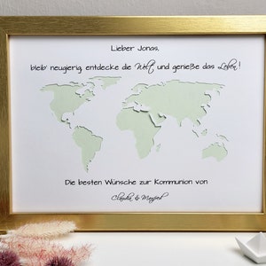 Konfirmationsgeschenk Weltkarte personalisiertes Geldgeschenk zur Konfirmation, Kommunion, Jugendweihe, Lebenswende etc. Premium - gold