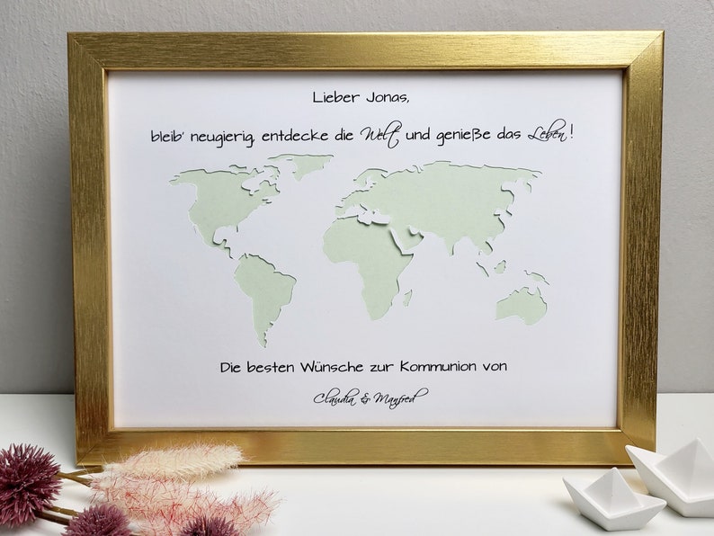 personalisiertes Geldgeschenk zur Konfirmation, Kommunion, Jugendweihe, Lebenswende, Firmung oder Taufe Motiv Weltkarte Premium - gold