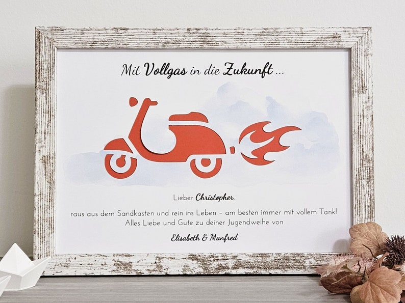 personalisiertes Geldgeschenk zur Konfirmation, Kommunion, Jugendweihe, Lebenswende, Firmung oder Taufe Motiv Roller Rahmen - shabby weiß