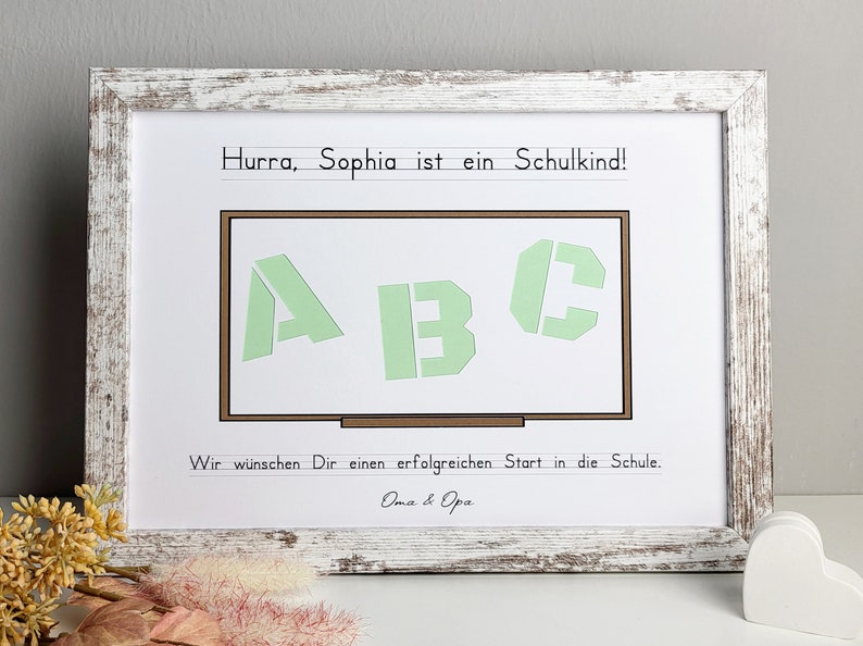 personalisiertes Geldgeschenk zur Einschulung Motiv ABC Tafel Rahmen - shabby weiß