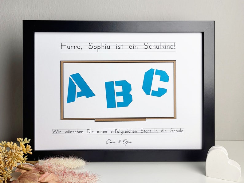 personalisiertes Geldgeschenk zur Einschulung Motiv ABC Tafel Rahmen - schwarz