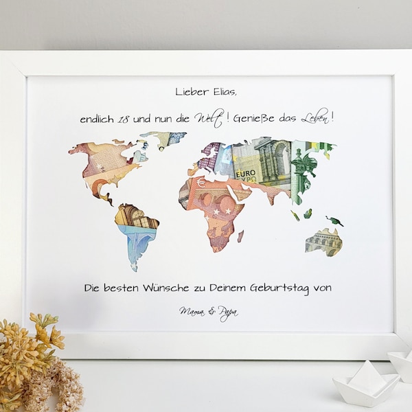 Geburtstagsgeschenk "Weltkarte - endlich 18!" - personalisiertes Geldgeschenk
