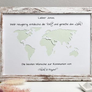 Konfirmationsgeschenk Weltkarte personalisiertes Geldgeschenk zur Konfirmation, Kommunion, Jugendweihe, Lebenswende etc. Rahmen - shabby weiß