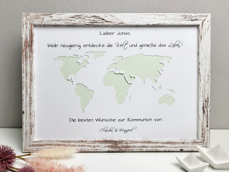 Konfirmationsgeschenk Weltkarte personalisiertes Geldgeschenk zur Konfirmation, Kommunion, Jugendweihe, Lebenswende etc. Rahmen - shabby weiß