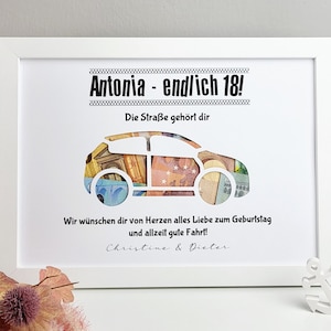 personalisiertes Geldgeschenk zum Geburtstag - Motiv "Auto" (DIN A4)