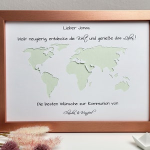 Konfirmationsgeschenk Weltkarte personalisiertes Geldgeschenk zur Konfirmation, Kommunion, Jugendweihe, Lebenswende etc. Premium - roségold